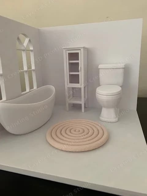 Miniature bathroom room concept with bath, cabinet, toilet and rug