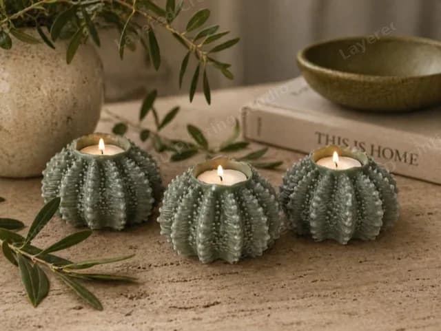 The sea urchin tea light holders styled with candles and greenery